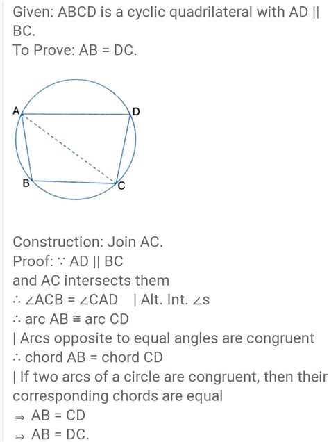 ABCD is a cycle quadrilateral in a circle if AD parallel to BC then ...