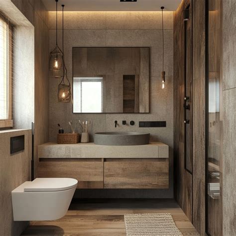 Rustic Modern Bathroom Featuring Concrete Elements and Wooden Accents