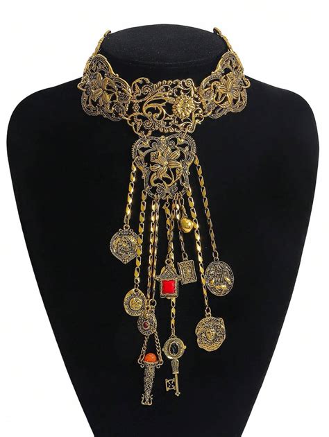 1pc Luxury Enamel Floral Embossed Tassel Pendant Necklace, Vintage High ...