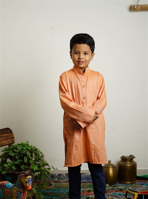 Light Orange Khadi silk stand collar long kurta with wooden buttons ...