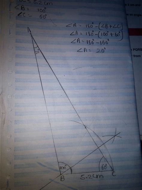 construct ∆ ABC in which BC=5.2cm,B=100 & A=60. Draw the perpendicular ...