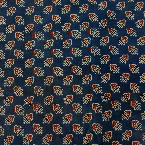 Pure Cotton Ajrak Blue With Tiny Motif Hand Block Print Fabric – Sanskruti