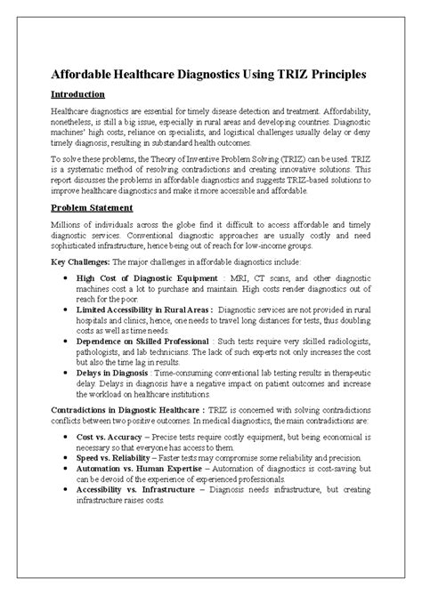 TRIZ Principles in Affordable Healthcare Diagnostics - Assignment - Studocu