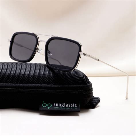 Buy LECTER Silver Black Rectangle Sunglasses | UV400 | For Men & Women