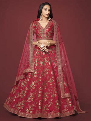 Buy Odette Red Silk Blend Embroidered Semi Stitched Lehenga with ...