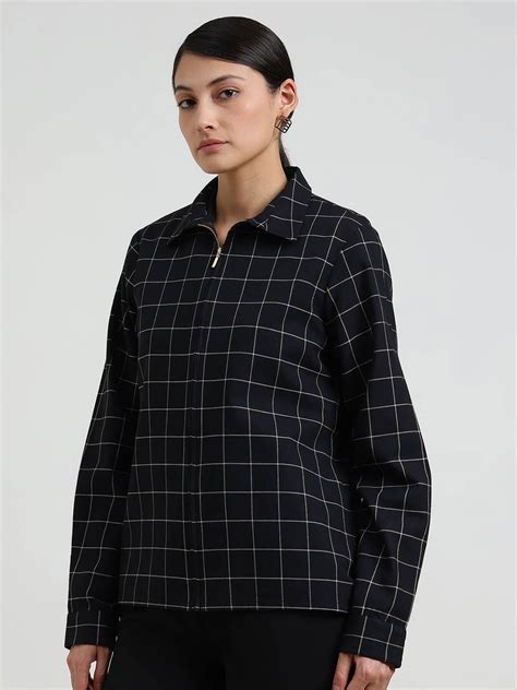 Buy Black Cotton Plaid Shacket Online | FableStreet