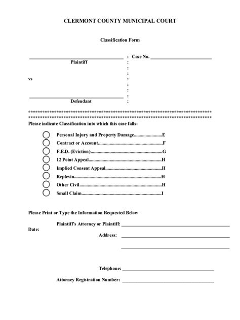 Clermont County Municipal Court Classification Form - Blank Fillable ...