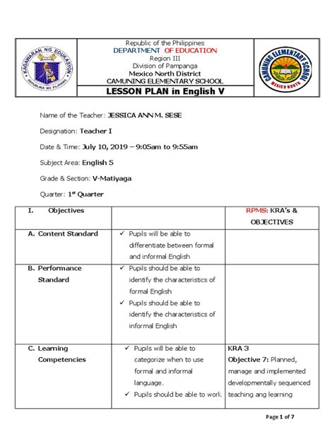 Image result for Lesson Plan for Cot Printable