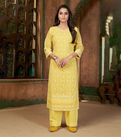 Laxmipati Daffodil Yellow Straight Cut Kurti With Embroidery Lace Pala