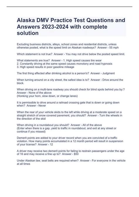 Alaska DMV Practice Test Questions and Answers with complete solution ...