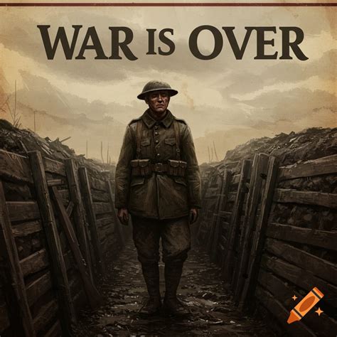 WWI soldier in trench with War is Over title on Craiyon