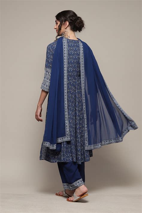 Blue Rayon Gathered Kurta Palazzo Suit Set