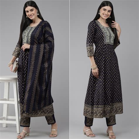 Navy Blue Printed & Embroidered Rayon Anarkali Suit