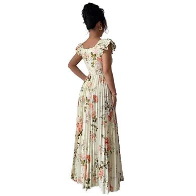 Floral Pleated Maxi Dress Square Neck Flowy Summer Long Wedding Guest ...