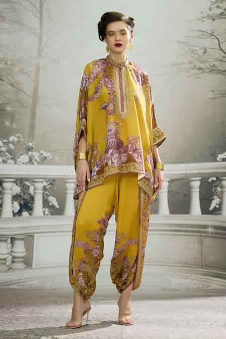 Buy Yellow Silk, Modal, Satin Chanel Botanical Print Tunic And Dhoti ...