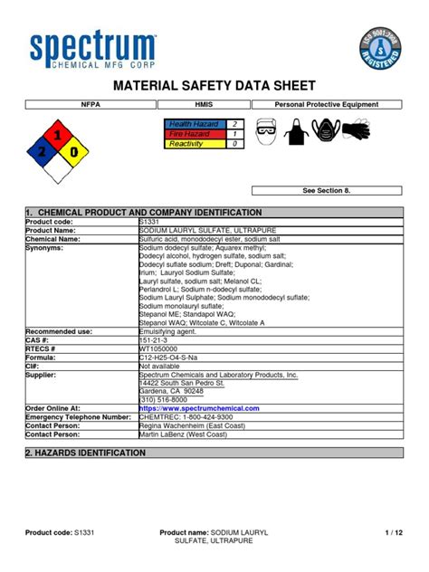 Msds Sodium Dodecyl Sulfate | PDF | Sodium Dodecyl Sulfate | Dangerous ...