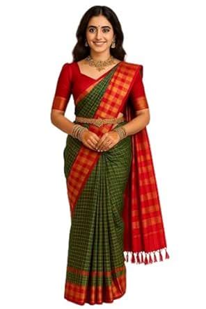 Meenakshi Arani Silk Saree – Green Checked with Red Zari Border ...