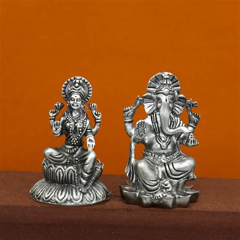 925 Sterling silver Lakshmi and Ganesha Kamlasan statue figurine, puja ...
