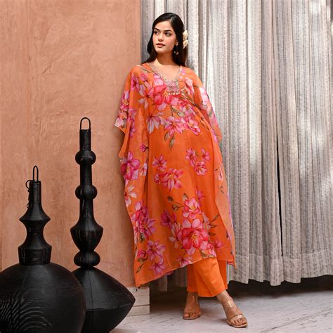 Ranjhana Floral Orange Designer Kaftan Set For Women Online – UrbanStree