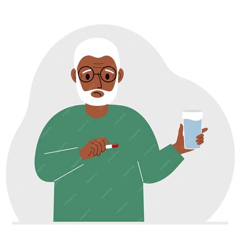 A man in one hand holds medicine or a pill in another glass of water ...