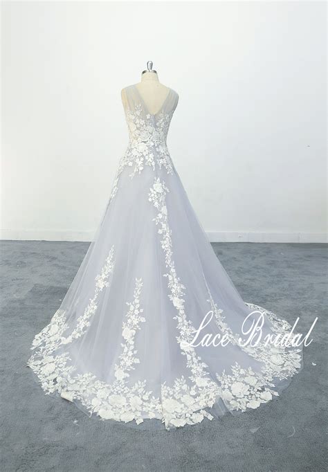 Light Blue Boho Wedding Dress With Floral Lace Applique V Back | Etsy
