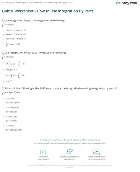 Quiz & Worksheet - How to Use Integration By Parts | Study.com
