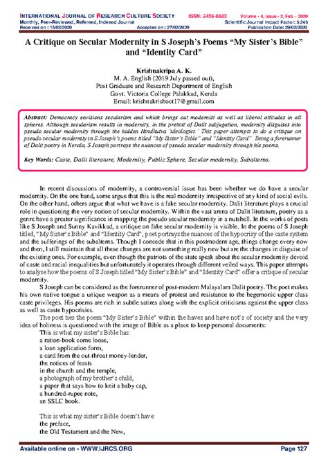 A Critique of Secular Modernity in S Joseph’s Poems - IJRCS 202002 029 ...