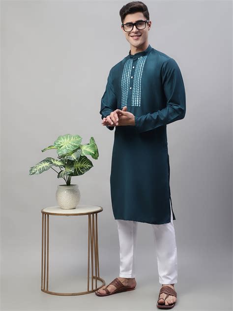 Men's Teal Blue Cotton Silk Mirror Work Kurta Pyjama – Jompers Wholesale