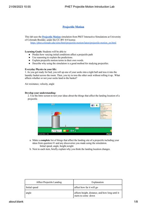 SOLUTION: Phet projectile motion introduction lab physics 15a - Studypool