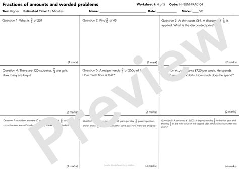 GCSE Maths Worksheet: Fractions of an Amount and Worded Problems ...