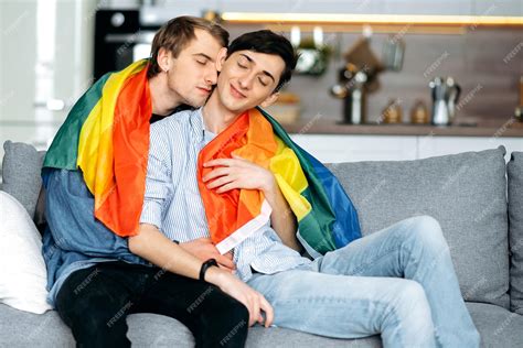 Premium Photo | Guy gay homosexual boyfriend couple in love flag lgbt
