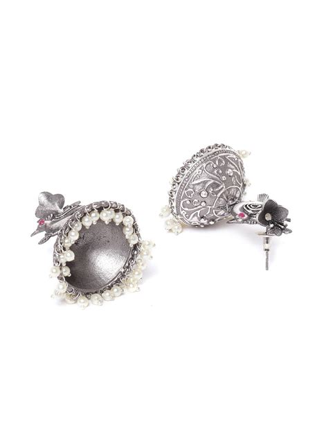 Oxidised Silver-Plated Peacock inspired Jhumka – Priyaasi