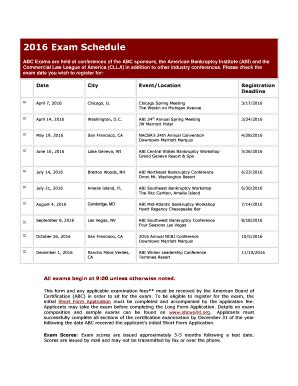 Fillable Online abcworld 2016 Exam Schedule ABC Exams are held at ...