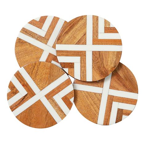NOSTALGIA HOMES Round Wooden Coasters with White Resin Inlay Geometric ...