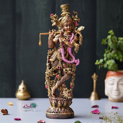 Golden Standing Lord Krishna Idol Playing Flute Statue – eCraftIndia