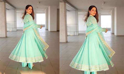 Exquisite Style: Hina Khan nails Cyan Blue Anarkali Kurta set with ...