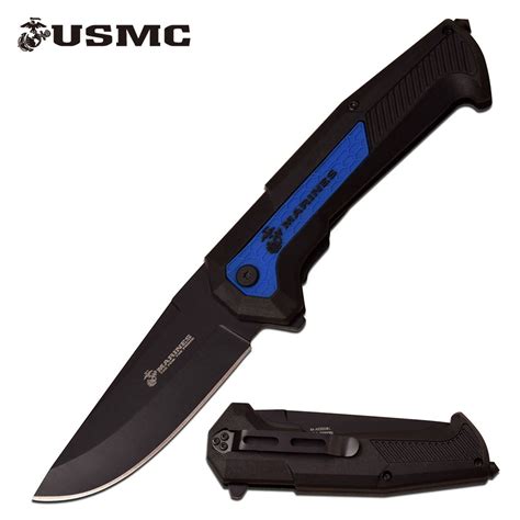 Spring Assisted Folding Pocket Knife USMC Marines Blue Tacti