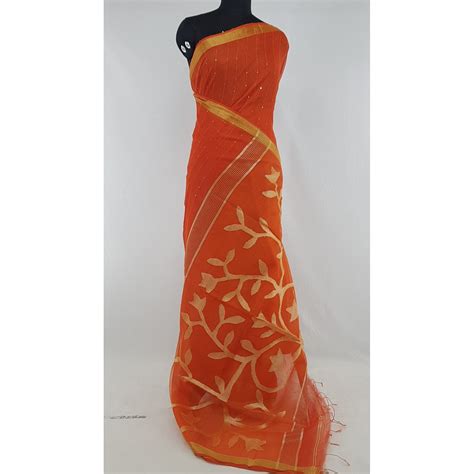 Orange Color Sequin Handloom Cotton Silk Saree | Vinshika Boutique