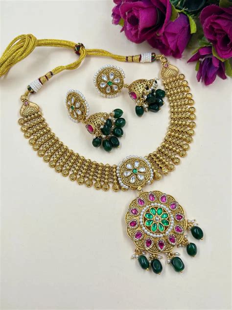 Buy Meher Unique Indian Artificial Antique Golden Necklace Set Online ...