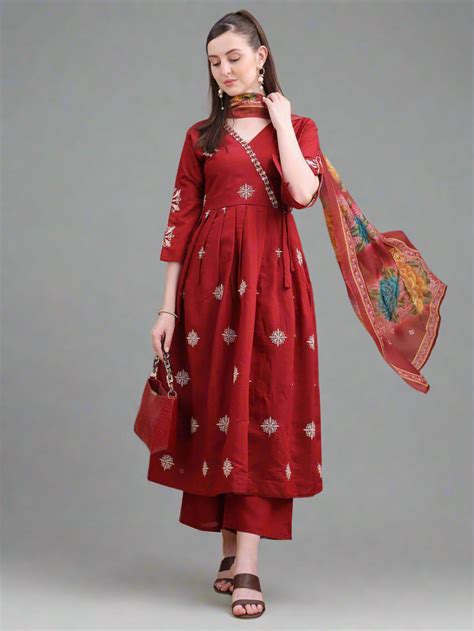 Maroon Roman Silk Embroidered Kurta Set with Dupatta for Women