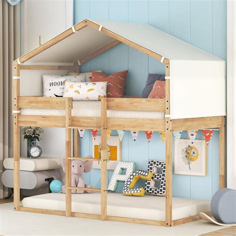 Amazon.com: House Floor Bunk Bed Twin Over Twin, Kids Bunk Bed with ...