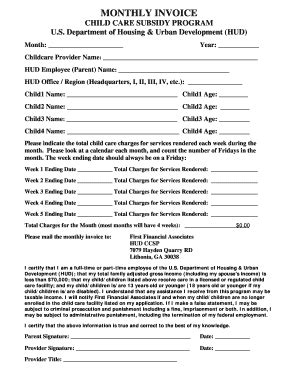 HUD Child Care Subsidy Monthly Invoice - Blank Fillable Template | Fill ...