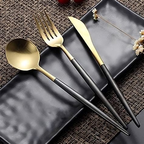 BonZeaL Mirror Finish 410 Stainless Steel 6 Pieces Black Gold Cutlery ...