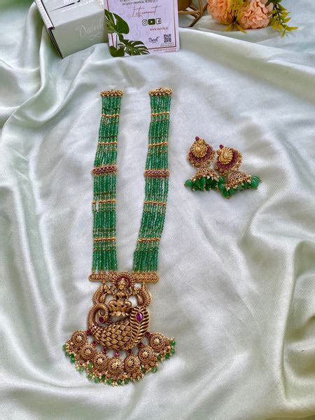 Bridal Lakshmi Peacock Green Long Haram with Jhumkas – Daivik.in