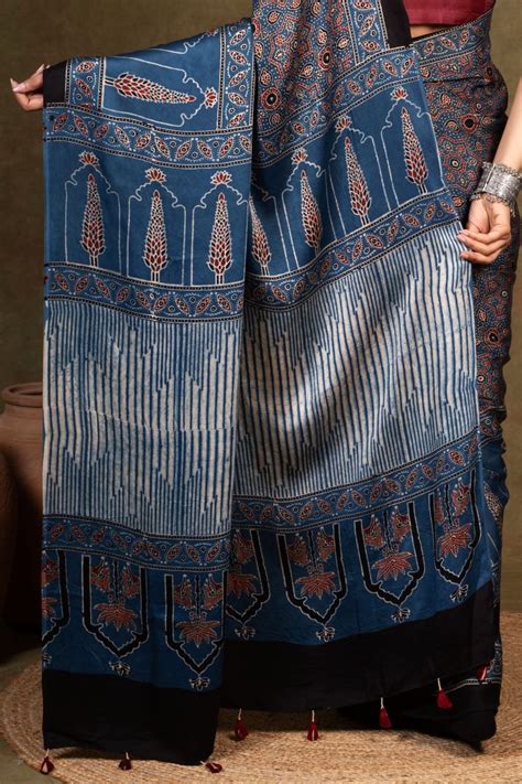 Indigo Pine Ajrakh Modal Silk Saree - House Of Elegance – House Of ...