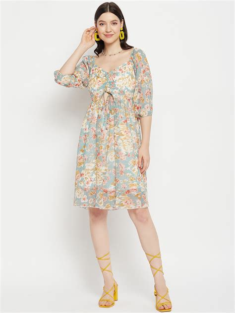 Floral Printed Puff Sleeves Cut-Out Detailed Ruched Fit & Flare Dress ...