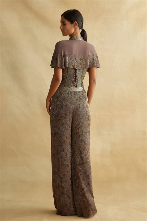 Corset and Pants Set with a Capelet in Bead Work Embroidery – Nakul Sen