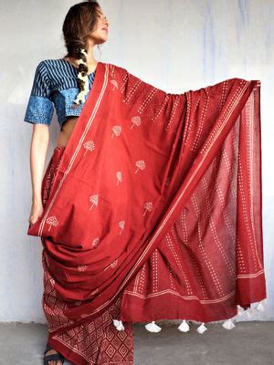 Buy Chidiyaa God Marron Blockprinted Cotton Mul Saree Online