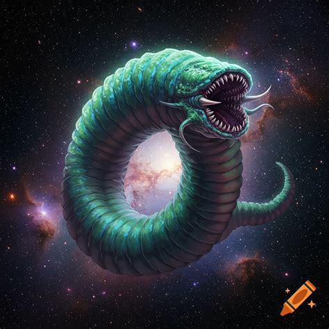 A large, green, segmented space worm with a gaping mouth full of sharp ...