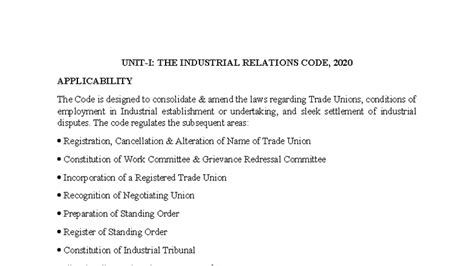 Labour law notes - ..... - UNIT-I: THE INDUSTRIAL RELATIONS CODE, 2020 ...